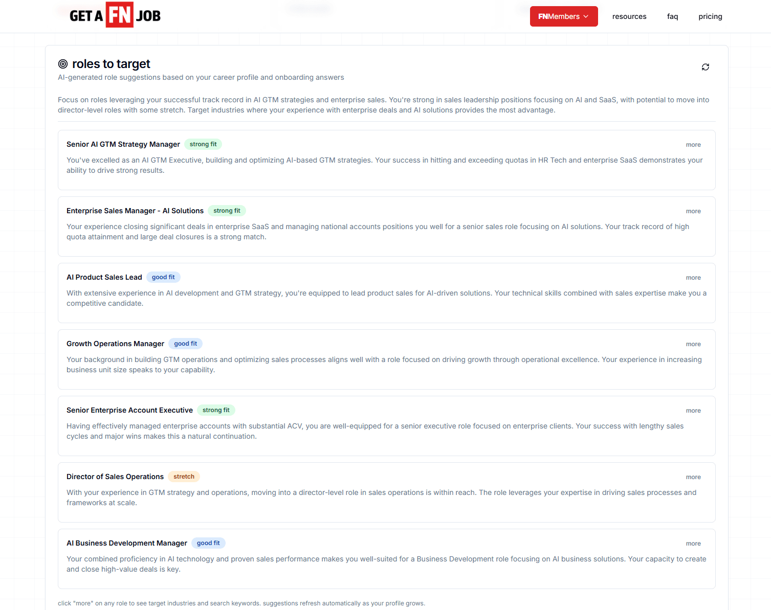 Roles to target dashboard showing best-fit job titles and companies